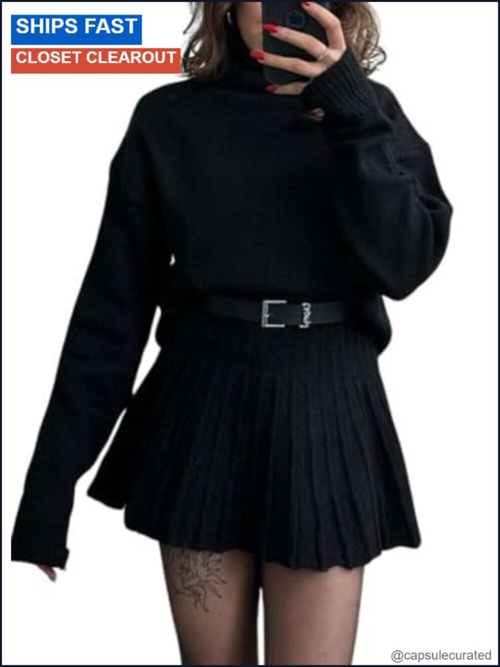 Women's 2 Piece Knit Sweater Skirt Set Turtleneck Pullover Pleated Midi